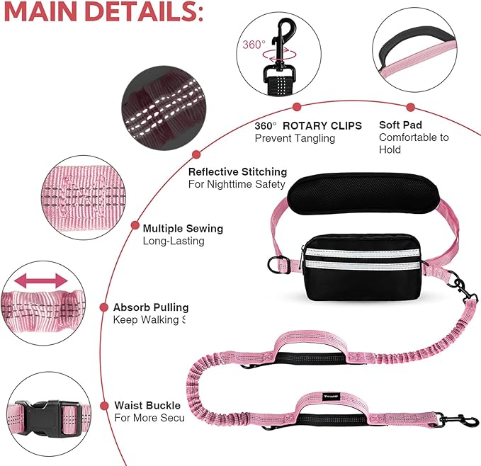 Hands Free Dog Leash, Adjustable Waist Belt with Double Padded Handles, Retractable Bungee for Medium &amp; Large Dogs, Waist Leash for Dog Walking, Running, No Pull, Pink