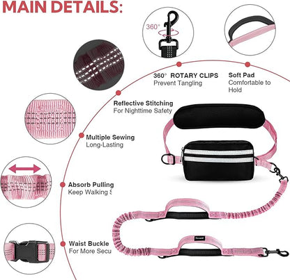 Hands Free Dog Leash, Adjustable Waist Belt with Double Padded Handles, Retractable Bungee for Medium &amp; Large Dogs, Waist Leash for Dog Walking, Running, No Pull, Pink