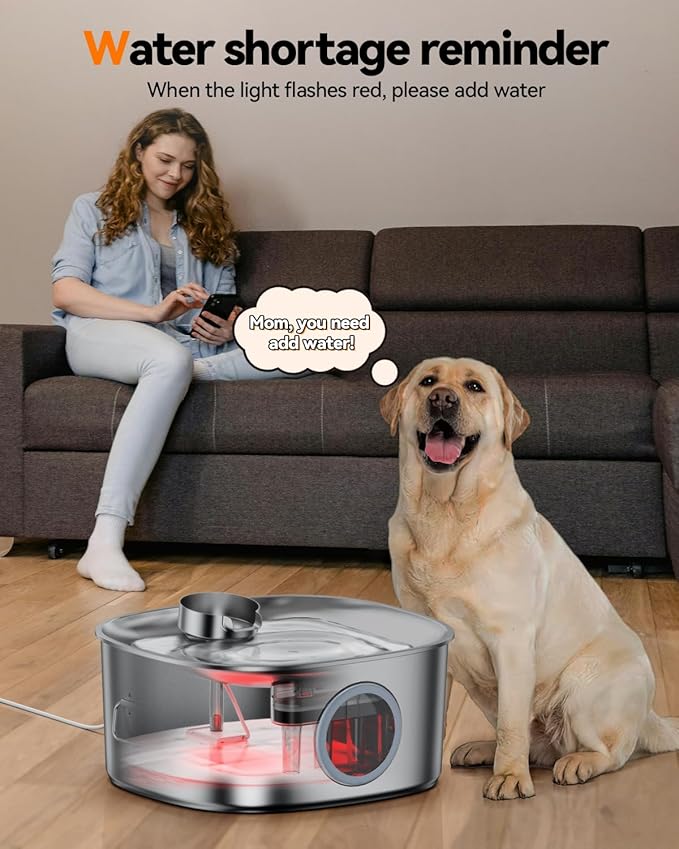 Dog Water Fountain Stainless Steel, 11L/2.8Gal Large Pet Fountain for Large Dogs Inside, Dog Fountain Water Bowl Dispenser with Visible Window &amp; LED, Ultra Quiet for Multi-Pet (Filters)