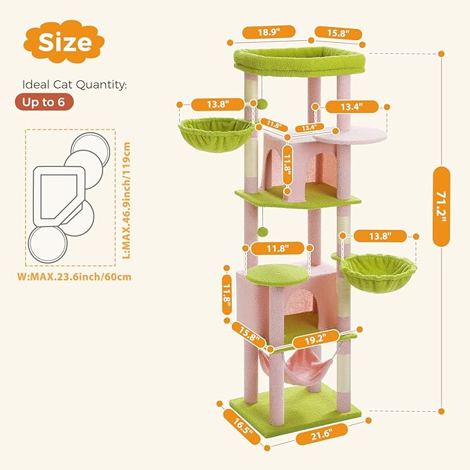 71.2" Large Cat Tree for Multi-Cat Households - Heavy-Duty 9-Level Cat Tower w/5 Sisal Scratching Posts, 2 Condos, 3 Hammocks, Extra-Large Perch &amp; Pompoms - Space-Saving, Pink