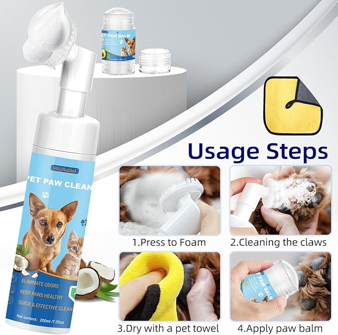 Dog Paw Care Kit,No-Rinse Paw Cleaner for Dogs &amp; Cats,Dog Paw Balm for Heals -Repairs Dry Cracked Paws &amp; Nose with 1 Pet Cleaning Towels,Natural Dog Paw Protector for Pet Foot Washer Care