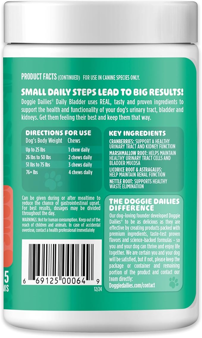 Doggie Dailies Cranberry Supplement for Dogs - Urinary Tract, Bladder &amp; Kidney Support for Dogs - Cranberry for dogs with Marshmallow Root, Licorice Root &amp; Apple Cider Vinegar (Chicken) 225 Soft Chews