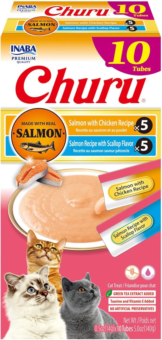 INABA Salmon Churu Cat Treats, Lickable, Squeezable Creamy Purée Cat Treat with Green Tea Extract &amp; Taurine, 0.5 Ounces Each Tube, 10 Tubes, Scallop &amp; Chicken Variety