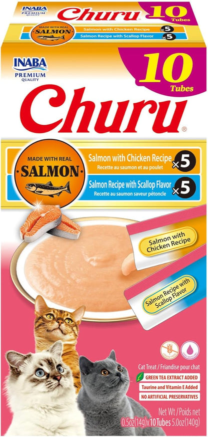 INABA Salmon Churu Cat Treats, Lickable, Squeezable Creamy Purée Cat Treat with Green Tea Extract &amp; Taurine, 0.5 Ounces Each Tube, 10 Tubes, Scallop &amp; Chicken Variety