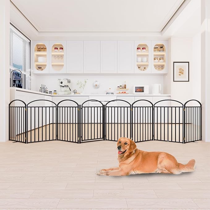 8 Panles Full Matel Freestanding Dog Gates with Door, 192"Extra Wide 32"Tall Free Standing Dog Pet Gate for Indoor &amp; Outdoor. Foldable Pet Fences for Doorways, House, Stairs, Porch, Deck, Yard