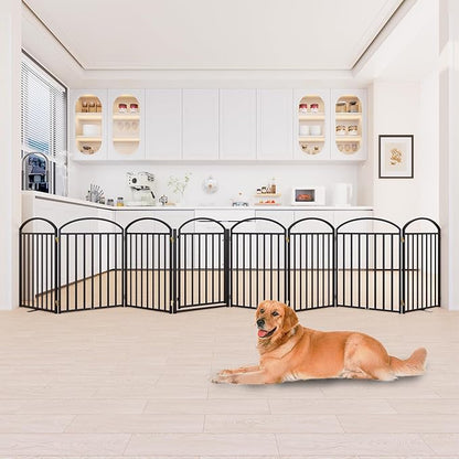 8 Panles Full Matel Freestanding Dog Gates with Door, 192"Extra Wide 32"Tall Free Standing Dog Pet Gate for Indoor &amp; Outdoor. Foldable Pet Fences for Doorways, House, Stairs, Porch, Deck, Yard