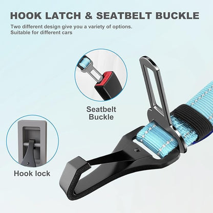 Dog Seat Belt 3-in-1 Car Harness for Dogs Adjustable Safety Seatbelt for Car Nylon Reflective Bungee Fabric Dog Car Harness with Clip Hook Latch &amp; Buckle, Swivel Zinc Alloy Carabiner (Light Blue)