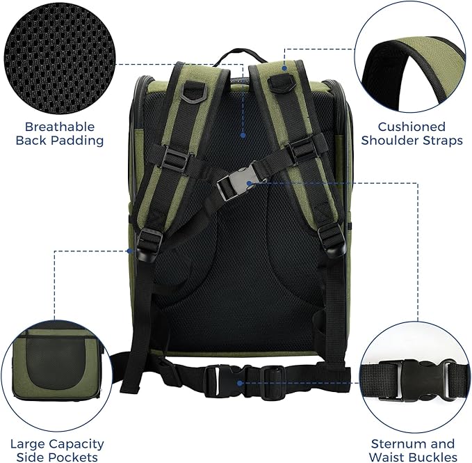 Apollo Walker Dog &amp; Cat Carrier Backpack for 4-15lb Pets - Ventilated Safe Design with Padded Back Support, Breathable Mesh Pet Backpack for Hiking, Travel, Outdoor (Green)