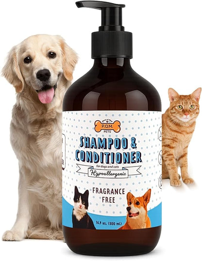 POM Pets 2-in-1 Organic Dog Shampoo &amp; Conditioner – Itchy Skin Relief, Dog Deshedding, Detangles Fur, Cat Shampoo, Paw Cleaner for Dogs, Natural Coat Defense Formula