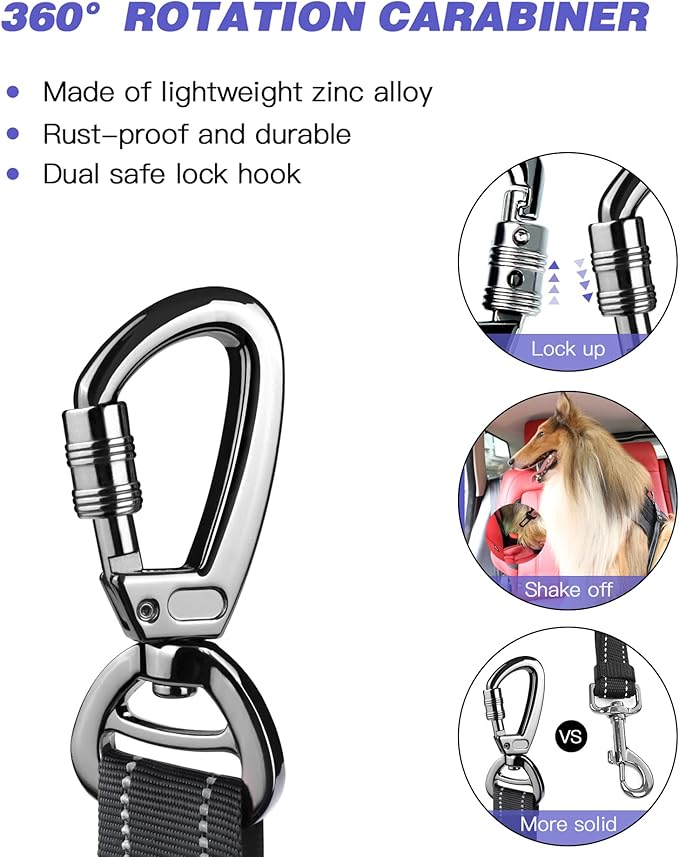 AUBELL Dog Seat Belt for Car,Updated 3-in-1 Adjustable Reflective Bungee Heavy Duty Dog Car Harness Tether with Clip Hook Latch &amp; Buckle,Swivel Zinc Alloy Carabiner,Black
