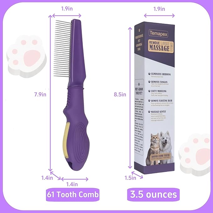 Pet Comb for Grooming Long Haired Cats &amp; Dogs With Stainless Steel Metal Teeth for Shedding and Tangles, Non-slip &amp; Anti-static rubber handle,Safe &amp; Gentle Pet Grooming Comb