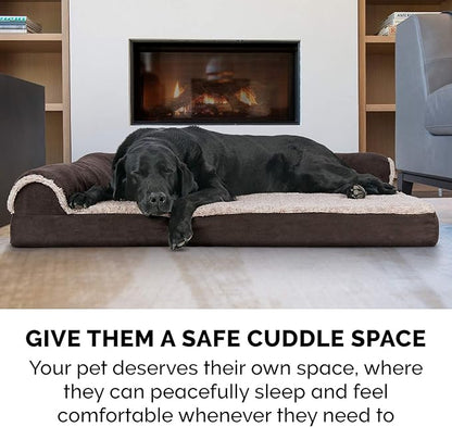 Furhaven Cooling Gel Dog Bed for Large Dogs w/ Removable Bolsters &amp; Washable Cover, For Dogs Up to 125 lbs - Two-Tone Plush Faux Fur &amp; Suede L Shaped Chaise - Espresso, Jumbo Plus/XXL