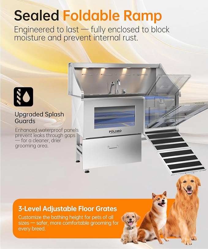 POLIMO Dog Washing Station, LED Professional Stainless Steel Dog Bathing Station 61", Dog Grooming Tub for Large, Medium &amp; Small Dog - with Window, Ramp, Drawer, Floor Grate &amp; Faucet (Right RAMP, 61")