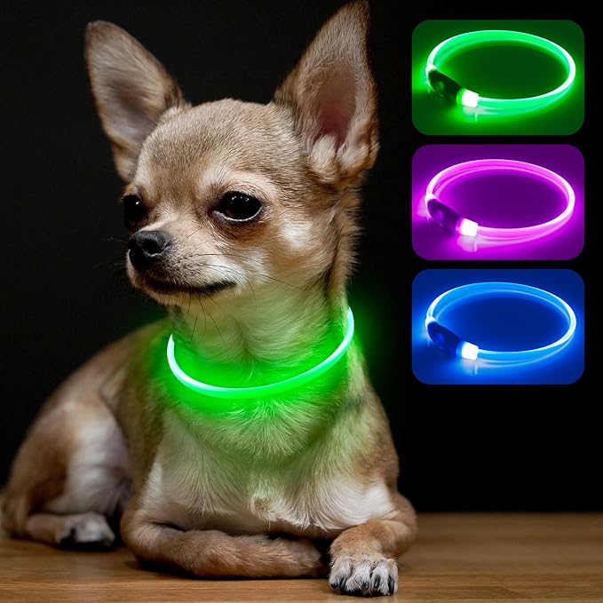 BSEEN Light Up Dog Collar - Rainproof Rechargeable LED Dog Collar - TPU Cuttable Glowing Pet Collar for Small Dogs&amp; Cats - Puppy Safety Dog Lights for Night Walking (XS- Green 40cm)
