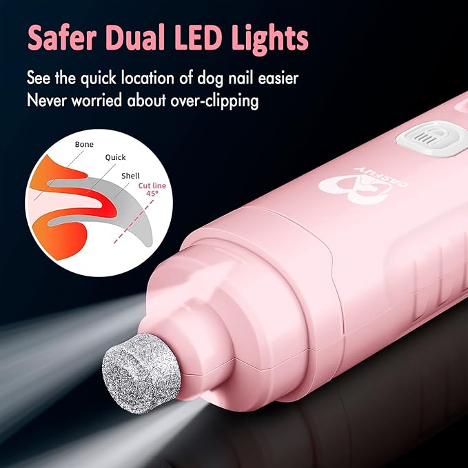 Casfuy Dog Nail Grinder with 2 LED Light for Large Medium Small Dogs - 3X More Powerful 2-Speed Electric Pet Nail Trimmer Rechargeable Quiet Painless Paws Grooming &amp; Smoothing Tool