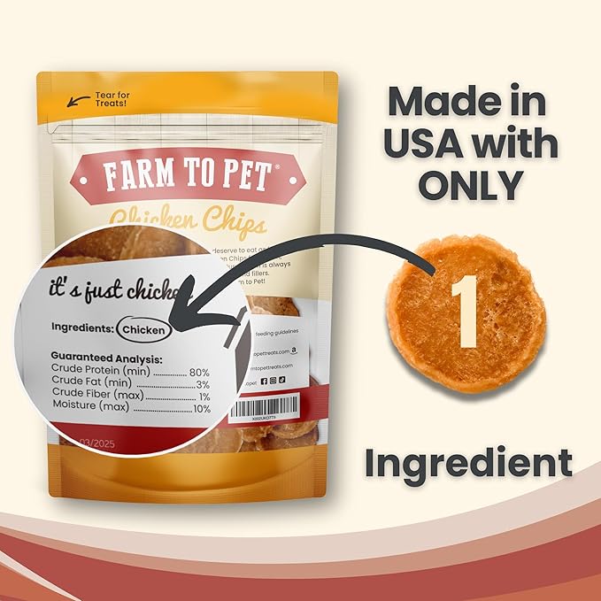 Farm To Pet - Dog Training Treats - Chicken Chips, Single Ingredient - 4 oz, Lean, All Natural, Healthy Dog Treats for Small, Medium, Large Breeds, &amp; Puppies, Made in USA
