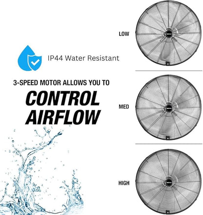 OEMTOOLS 30" Outdoor Wall Mount Fan, 80° Oscillating Fan 7200 CFM Max, Water Resistant, Use in Garage, Gym, Warehouse, Factory and Jobsite