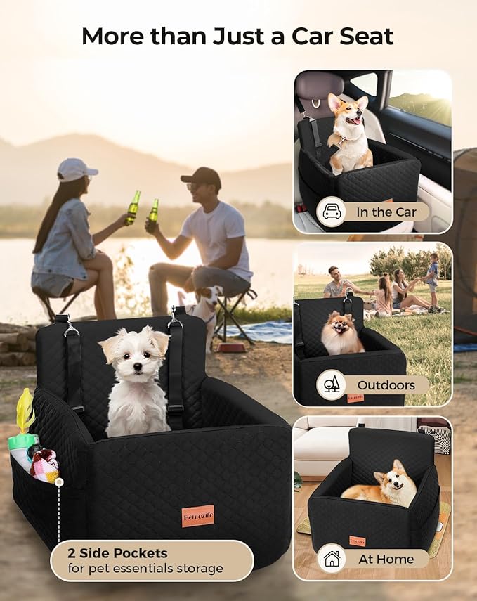 Dog Car Seat for Small &amp; Medium Dogs Under 35lbs, Detachable &amp; Washable Pet Car Seat, Interior Height 6 Inches Pet Travel Bed with Storage Pockets and 2 Dog Safety Belts (Black)
