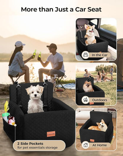 Dog Car Seat for Small &amp; Medium Dogs Under 35lbs, Detachable &amp; Washable Pet Car Seat, Interior Height 6 Inches Pet Travel Bed with Storage Pockets and 2 Dog Safety Belts (Black)