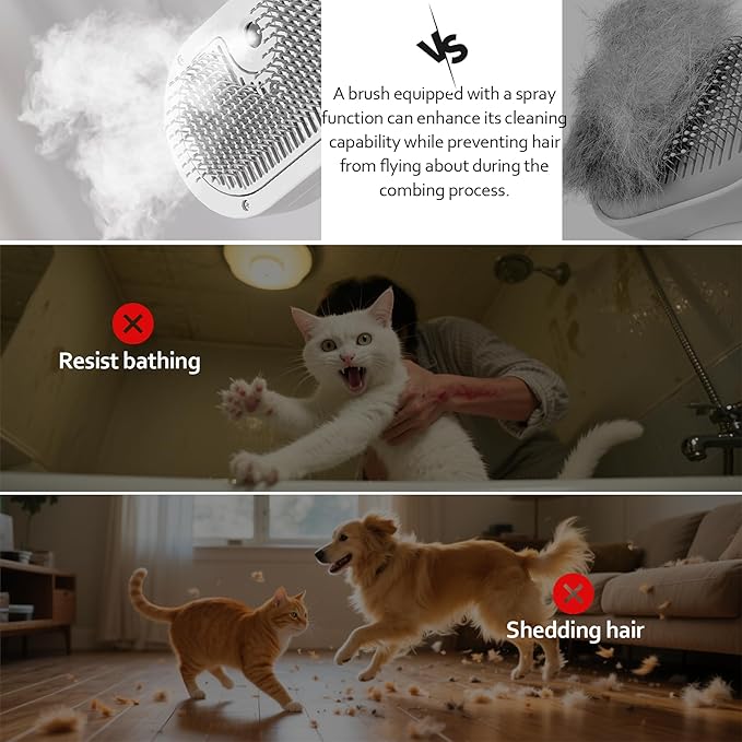 Cat/Dog deshedding brush with spray, Self-Cleaning Hair Comb for Long &amp; Short Haired indoor Cats and Dogs (White)