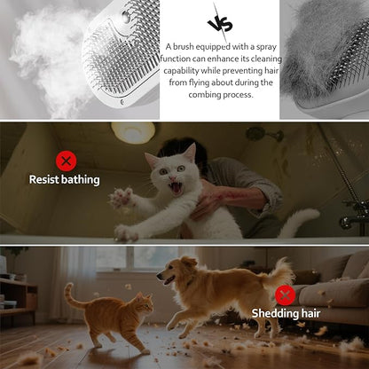 Cat/Dog deshedding brush with spray, Self-Cleaning Hair Comb for Long &amp; Short Haired indoor Cats and Dogs (White)