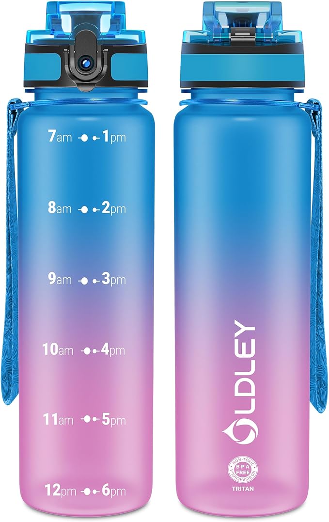 OLDLEY 32 oz Water Bottle, Motivational Water Bottle with Time Marker, Sports Water Bottle With Strap, Leakproof &amp; BPA Free Large Water Bottles for School, Gym, Travel, Outdoor, Tritan,Blue&amp;Purple