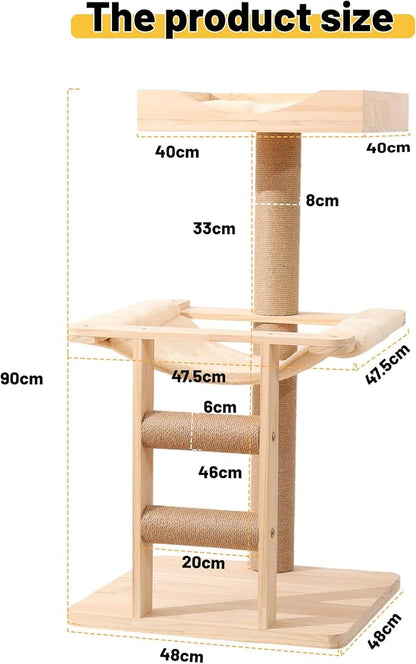 KVIDA Extra-Sturdy Wooden Cat Tree for Large Cats – Modern 3-Level Tower with Hammock, Anti-Tip Sisal Posts &amp; Oversized Perch, Ideal for Indoor Big Cats &amp; Multi-Cat Homes
