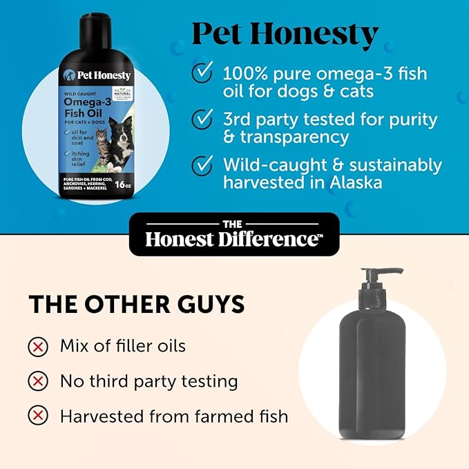 Omega 3 Fish Oil Supplement for Dogs &amp; Cats (16oz), Wild Caught Omega 3 Fish Oil for Skin and Coat Health, Supports Shedding, Skin &amp; Coat, Immunity, Joint, Brain &amp; Heart, EPA + DHA