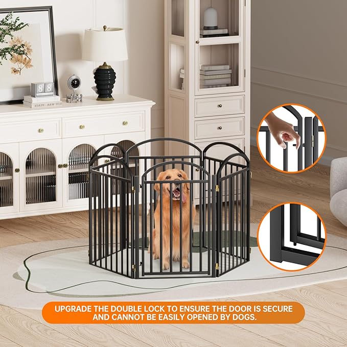 6 Panles Full Matel Freestanding Dog Gates with Door, 144"Extra Wide 32"Tall Free Standing Dog Pet Gate for Indoor &amp; Outdoor. Foldable Pet Fences for Doorways, House, Stairs, Porch, Deck, Yard