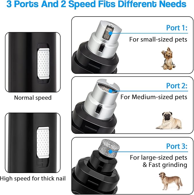 Casfuy Dog Nail Grinder Upgraded - Professional 2-Speed Electric Rechargeable Pet Nail Trimmer Painless Paws Grooming &amp; Smoothing for Small Medium Large Dogs &amp; Cats (Black)