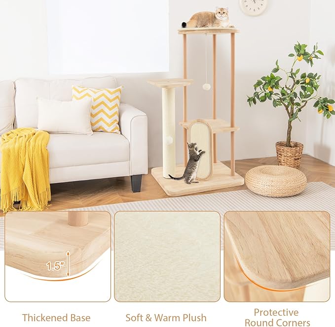 Tangkula Wood Cat Tree for Indoor Cats, Multi-Level Modern Cat Tower with Sisal Scratching Board &amp; Post, Padded Perch, Platform, Hanging Toy, Minimalist Kitten Activity Center for Small &amp; Medium Cats