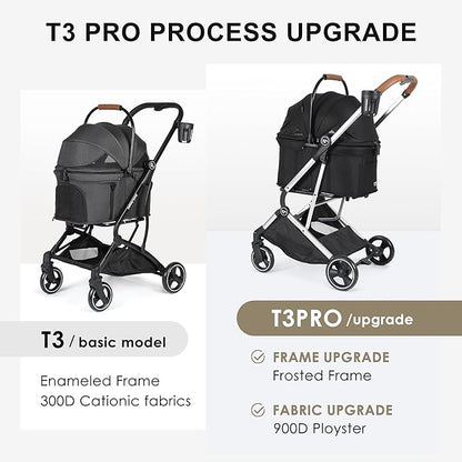 T3 Pro 3-in-1 Small Pet Stroller for Dog &amp; Cats, 4 Wheels with Detachable Carrier with Pad, Canopy and Cup Holder (Black)