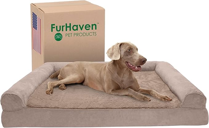 Furhaven Cooling Gel Dog Bed for Large Dogs w/ Removable Bolsters &amp; Washable Cover, For Dogs Up to 125 lbs - Plush &amp; Suede Sofa - Almondine, Jumbo Plus/XXL