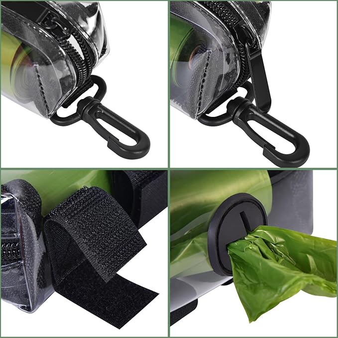 Clear Metal Dog Waste Bag Dispenser &amp; Holder - Portable, 1 Hand Free, Fits Leash Accessory, Set Includes Dog Poop Bags