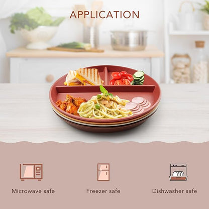 greenandlife 9 Inch 4PCS Unbreakable Portion Control Plates, Divided Plates for Kids Adults, Dishwasher &amp; Microwave Safe Compartment Plate, Lightweight Reusable Wheat Straw Plate, BPA Free