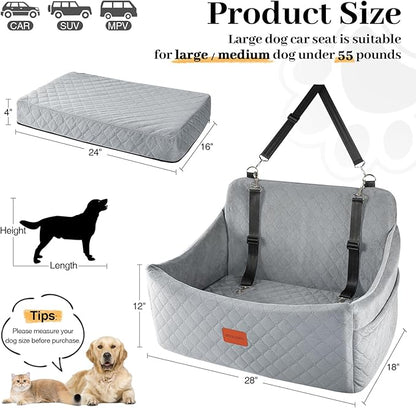 Dog Car Seat for Medium &amp; Large Dogs Up to 55lbs, Memory Foam Cushion, Washable Cover, Safety Straps &amp; Non-Slip Base(Grey,Large)
