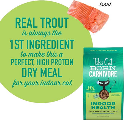 Tiki Cat Born Carnivore Indoor Health, Trout &amp; Menhaden Fish Meal, Grain-Free Baked Kibble to Maximize Nutrients, Dry Cat Food, 6 Lbs. Bag