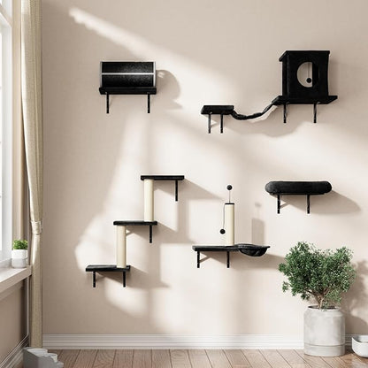 NUNU LAB Wall Mounted Cat Furniture, 7 Pcs Cat Wall Shelves with House, Tunnel, Bridge, Steps, Scratcher, Hammock, Bed, Indoor Safe &amp; Stable Furniture for Kittens Play, Black