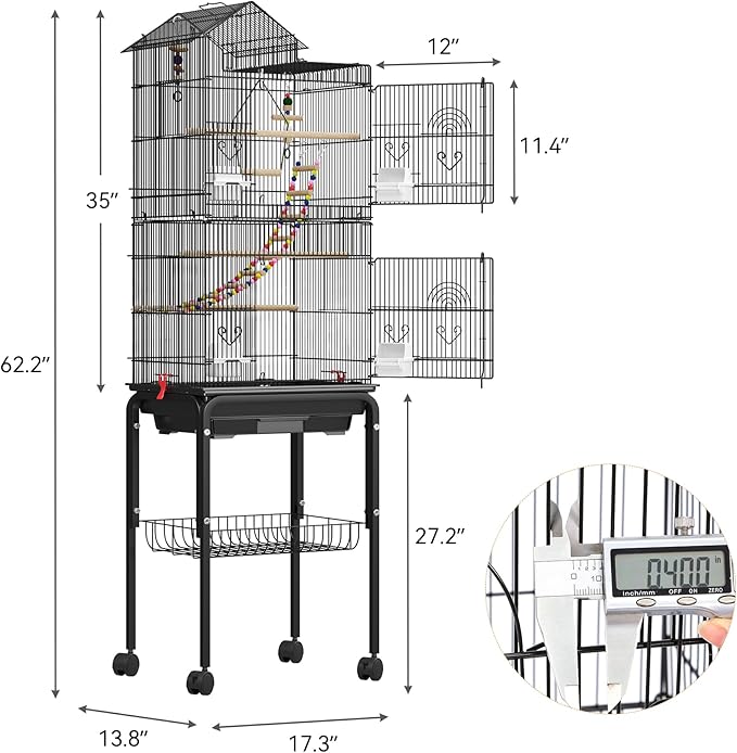YITAHOME 62 Inch Large Bird Cage - Metal Flight Cage with Rolling Stand, Feeding Doors &amp; Hanging Accessories for Parrots Cockatiels Conures Lovebirds Parakeets Small Birds