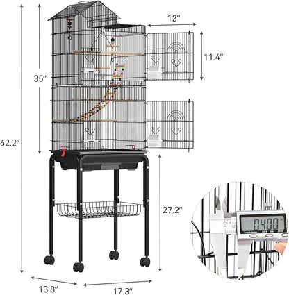 YITAHOME 62 Inch Large Bird Cage - Metal Flight Cage with Rolling Stand, Feeding Doors &amp; Hanging Accessories for Parrots Cockatiels Conures Lovebirds Parakeets Small Birds