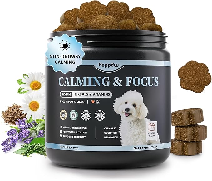 Calming Chews for Dogs – Calming Treats for Anxiety, Stress, Separation, Travel&amp;Thunder, Relaxation &amp; Focus Support with L-Theanine, Valerian Root, Chamomile &amp; Ashwagandha, Chicken Flavor, 90Ct