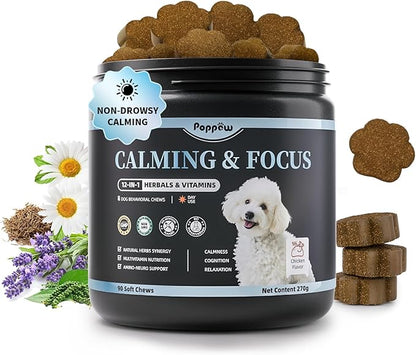 Calming Chews for Dogs – Calming Treats for Anxiety, Stress, Separation, Travel&amp;Thunder, Relaxation &amp; Focus Support with L-Theanine, Valerian Root, Chamomile &amp; Ashwagandha, Chicken Flavor, 90Ct