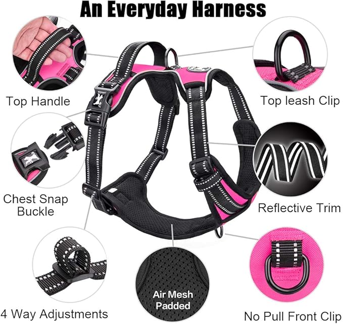PoyPet No Pull Dog Harness, Reflective Comfortable Vest Harness with Front &amp; Back 2 Leash Attachments and Easy Control Handle Adjustable Soft Padded Pet Vest for Small to Large Dogs (Pink,XS)