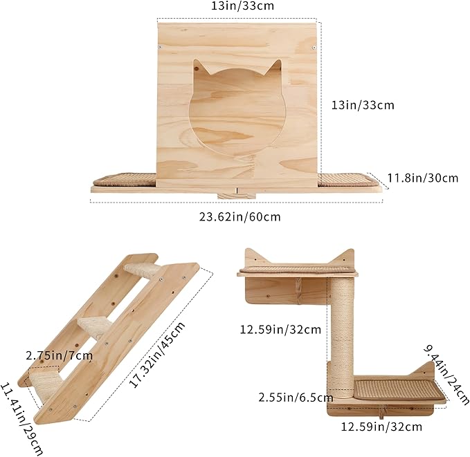 KVIDA Cat Wall Shelves Set – 5PCS Extra-Large Wall Mounted Cat Furniture with 2 Platforms, Sisal Scratching Post &amp; Cat House – Solid Wood Climbing Wall for Large Indoor Cats