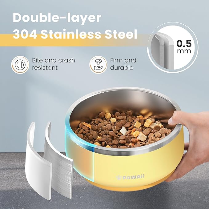 Pawaii Stainless Steel Dog Bowl with Non-Slip Rubber Base &amp; Double Wall Insulation - Durable Design | Includes ID Tag | Dishwasher Safe Food &amp; Water Bowl for All Dogs (34oz)