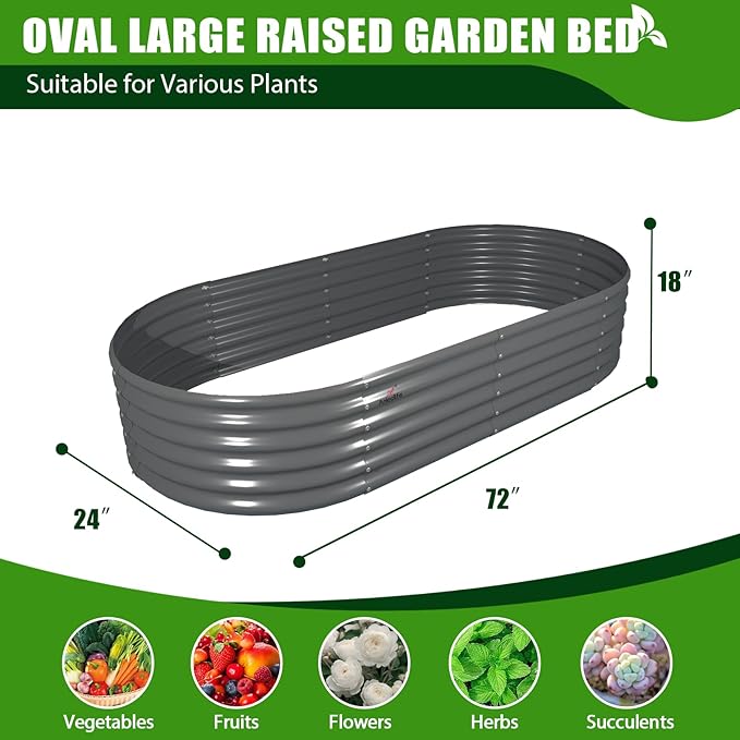 A ANLEOLIFE 6X2X1.5 ft Galvanized Raised Garden Beds Outdoor, Oval Round Metal Planter Box for Planting Vegetables Flowers Herb, Anti-Rust &amp; Easy-Setup, Quartz Grey