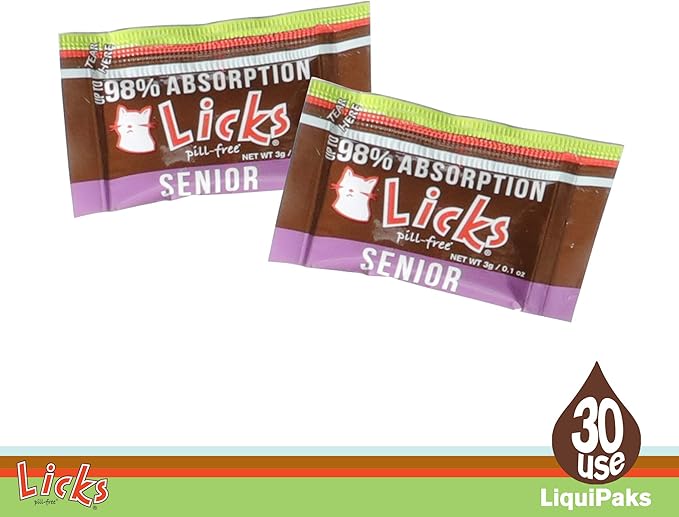 Licks Pill-Free Senior Cat - Joint Support &amp; Digestion Supplement for Senior Cats - Immunity Vitamins &amp; Heart Health Supplements for Older Cats - Gel Packets - 30 Use
