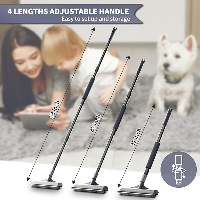 3 in 1 Carpet rake Kit for Pet Hair Removal Tool - Reusable Pet Hair Remover Broom w 58" Adjustable Long Handle, Dog &amp; Cat Carpet Scraper, Pet Hair Remover for Rugs, Mats, Couch, Curtains(Gray)