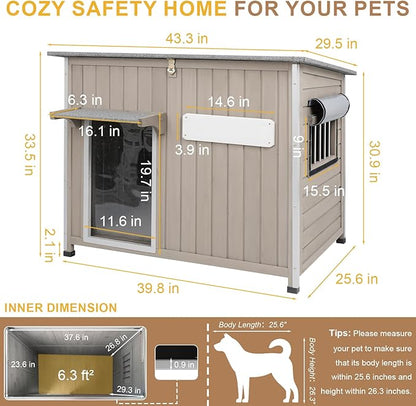 Weatherproof Outdoor Dog House, Wooden Puppy Shelter with Anti-Chewing Iron Frame and Elevated Floor, Sturdy Dog Kennel for Small, Medium &amp; Large Dogs, Grey (Gray, 40" L x 26" W x 31" H)