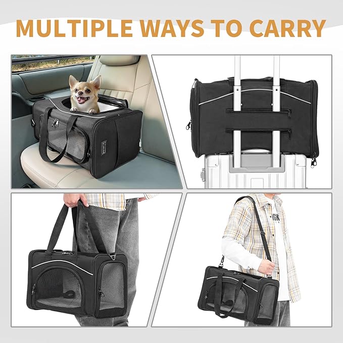 ‌Petsfit Airline Approved Pet Carrier for Small Dogs &amp; Cats, 19x9x12 TSA Approved Carrier, with Removable Dual-Sided Padding (2-Way Placement) - Fits Under Most Airplane Seats, Escape Proof (Black)